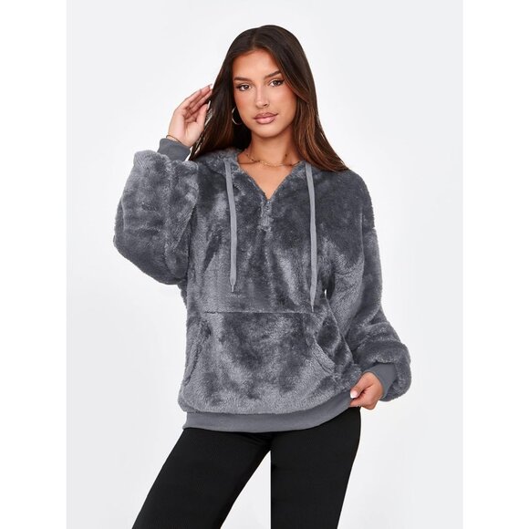 Women Dark Gray Oversized Fuzzy Fleece Zip up Hoodie Sweatshirt - Picture 2 of 5